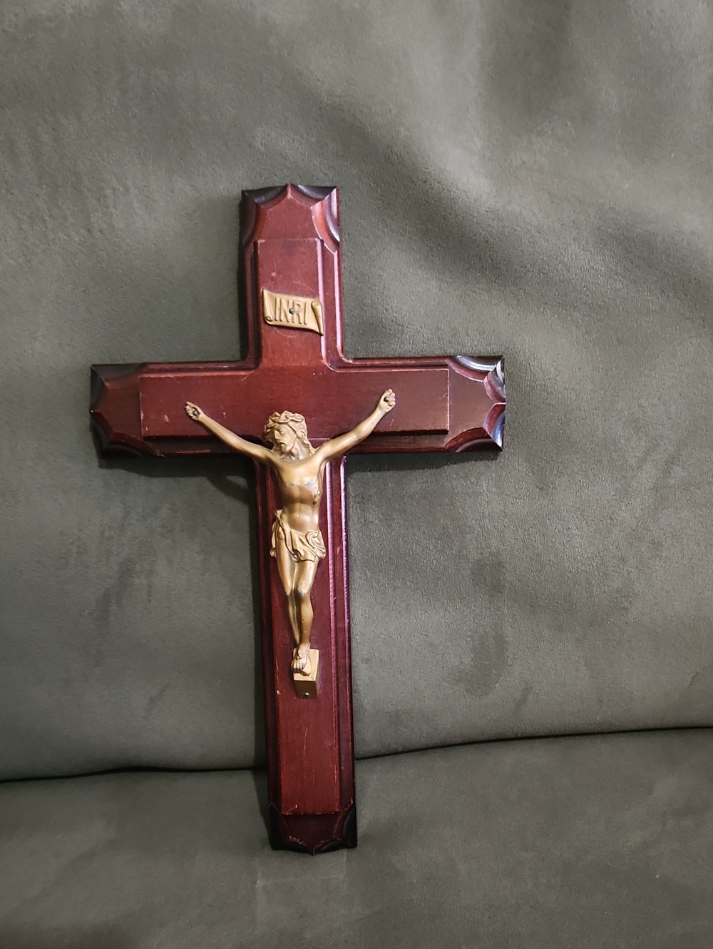 Wooden Wall Cross with Gold Tone Corpus - Brown, Secret Compartment